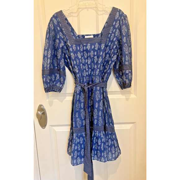 A Loves A Blue Boho Floral Dress Large Puff Sleeve Tiered Square Neckline - Picture 1 of 7
